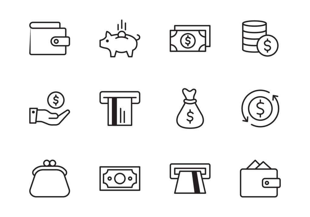 An image with twelve symbols used to illustrate money and finances. 